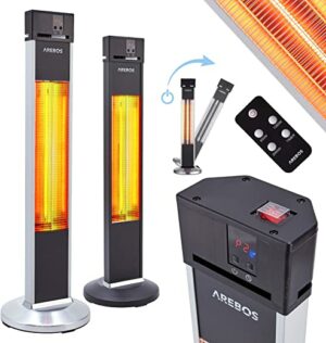 Arebos Infrarot Stand Heizstrahler 2000 W | mit Fernbedienung | IP34 Schutzart | Low-Glare-Technologie | 3 Heizstufen | Silber-Schwarz