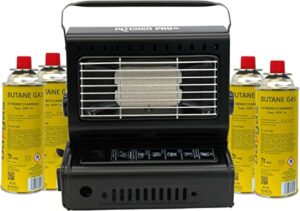 Gasheizung Gasstrahler Campingheizung | Tragbare Heizung Gasheizer Keramik Brenner | 1,3 kW Leistung | 108g/h Verbrauch (Gasheizung + 4 Gaskartuschen)