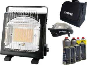 PHönix PH-100 Keramik Gasheizung Heizstrahler 1,7 KW Gasstrahler Camping Heizung Gaskocher + Tasche + 8 Gaskartuschen