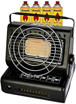 RSonic Gasheizung Keramik Gasstrahler 1,3 kW Campingheizung mit Grill + Kocher | Gaskocher (Heizung mit 4 Kartuschen)